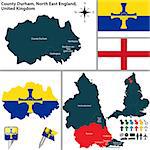Vector map of County Durham in North East England, United Kingdom with regions and flags