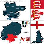 Vector map of Essex in East of England, United Kingdom with regions and flags