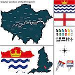 Vector map of Greater London in United Kingdom with regions and flags