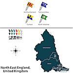 Vector map of North East England, United Kingdom with regions and flags