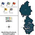 Vector map of North West England, United Kingdom with regions and flags