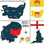 Vector map of Suffolk in East of England, United Kingdom with regions and flags