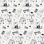 Seamless pattern with cats, gifts and Christmas fir-trees in doodle style.  Black and white drawing.  Vector illustration.