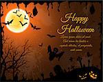 Happy Halloween Greeting Card. Elegant Design With Bats, Spooky, Grave, Cemetery, Tree and Moon  Over Orange Grunge Starry Sky Background With Ink Blots. Vector illustration.