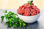 Close up on bowl of lean red raw ground meat