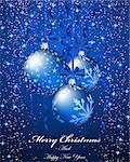 Elegant Christmas Greeting Card With Ribbons, Balls and Snowflakes on it. Blue Background with Text Space.  Also Suitable for Ney Year Cute Design. Vector Illustration.