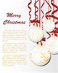 Elegant Christmas Greeting Card With Ribbons, Balls and Snowflakes on it.White Background with Text Space.  Also Suitable for Ney Year Cute Design. Vector Illustration.