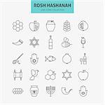 Line Jewish New Year Holiday Icons Big Set. Vector Collection of 25 Autumn Rosh Hashanah Holiday   Modern Thin Line Icons for Web and Mobile. Israel Traditional Icons Bundle