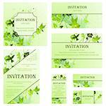 Set of Invitation Cards in Different  Size and Formats. Elegant Spring Design With Flowers, Butterflies and Birds Over Grunge Green Background With Ink Blots. Vector Illustration.