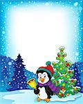 Frame with penguin and Christmas tree - eps10 vector illustration.