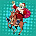 Santa Claus with gifts Christmas reindeer Rudolf. Retro style pop art
