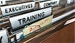 Close up on a file tab with the word training, focus on a yellow, note where it is hanwritten programm, blur effect. Concept image for illustration of employee, training