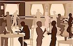 EPS8 editable vector cutout illustration of people drinking in a busy bar with typical pub games