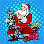 Santa Claus gift robot battery. Christmas shopping. Retro style pop art