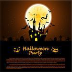 Halloween greeting (invitation) card. Elegant design with castle near cemetery, flying bats and moon  over grunge dark brown starry sky background. Vector illustration.