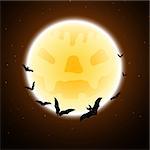 Halloween greeting (invitation) card. Elegant design with flying bats in front of moon over grunge dark brown starry sky background. Vector illustration.