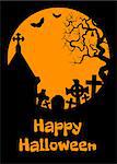 Halloween card with crypt, tombs and bats