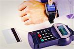 Online banking against man using smart watch to express pay