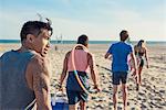 Group of friends walking on beach, rear view