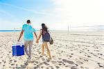 Young couple walking on beach, holding cool box, rear view