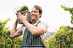 Smiling farmer holding a basket of vegetables