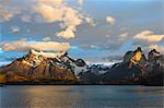 Sunrise over Cuernos del Paine and Lago Pehoe, Torres del Paine National Park, Chilean Patagonia, Chile, South America