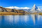 The Matterhorn reflected in Stellisee, Zermatt, Canton of Valais, Pennine Alps, Swiss Alps, Switzerland, Europe