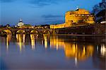 Castel Sant'Angelo and St. Peter's Basilica from the River Tiber at night, Rome, Lazio, Italy, Europe