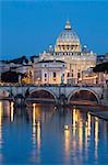 St. Peter's Basilica, the River Tiber and Ponte Sant'Angelo at night, Rome, Lazio, Italy, Europe