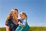 Mother and daughter standing in field