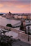 View of Szechenyi Chain Bridge and Hungarian Parliament Building from Hungarian National Gallery at Sunset, Budapest, Hungary