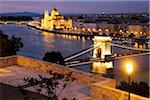 View of Szechenyi Chain Bridge and Hungarian Parliament Building from Hungarian National Gallery at Night, Budapest, Hungary