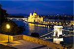 View of Szechenyi Chain Bridge and Hungarian Parliament Building from Hungarian National Gallery at Night, Budapest, Hungary