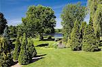 View of the Ouareau river in garden with lawns and Cedar trees (thuja occidentalis) in spring season, Quebec, Canada