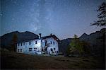 Starry night on Barbustel Refuge, Natural Park of Mont Avic, Aosta Valley, Graian Alps, Italy, Europe