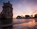 Belem Tower at dusk (Torre de Belem), UNESCO World Heritage Site, Lisbon, Portugal, Europe