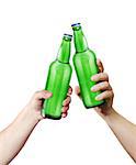 Clink glasses. Two hands holding a bottles. Template for the ability to use any brand label on a white background