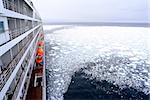 Cruise Ship bow passing icy snow arctic waters near Spitsbergen, Svalbard, Norway.