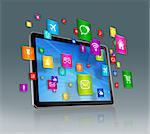 3D Digital Tablet with flying apps icons - isolated on grey