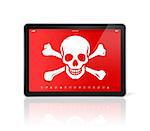3D digital tablet PC with a pirate symbol on screen. Hacking concept