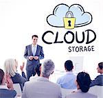 Businessman doing speech during meeting  against cloud storage