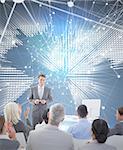 Businessman doing speech during meeting  against glowing world map on black background