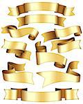 Gold ribbon collection. Ten ribbon on white background.