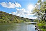 River Main with Sun in Spring, Eichel, Wertheim, Main-Tauber-District, Odenwald, Baden Wurttemberg, Germany