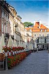 Buildings along cobblestone street, Old Town, Warsaw, Poland.