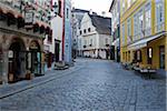 Cobblestone city street and historical buildings, Cesky Krumlov, Czech Replublic.