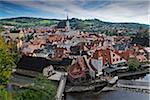 Scenic overview of Cesky Krumlov with Church of St Vitus in the background, Czech Republic.