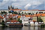 Harbor scene with St Vitus Cathedral in background, Prague, Czech Republic