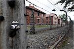 Barbed wire fence and buildings, Auschwitz, Poland