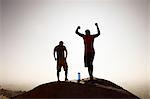 Two male friends, on top of mountain, in celebratory pose